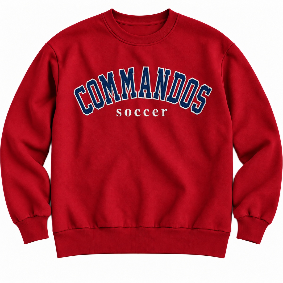 A red crewneck sweatshirt featuring 'COMMANDOS soccer' printed on the chest in navy blue and white. Main image