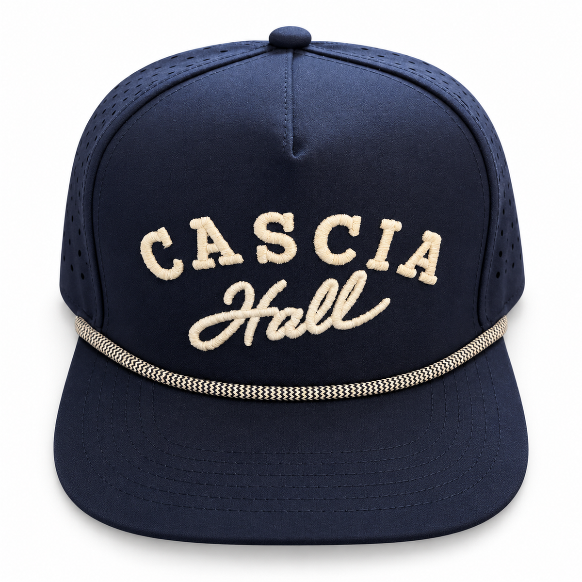 Cascia Hall rope hat in navy with cream embroidery Main image