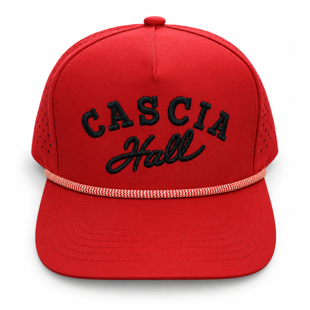 Cascia Hall rope hat in red with black embroidery